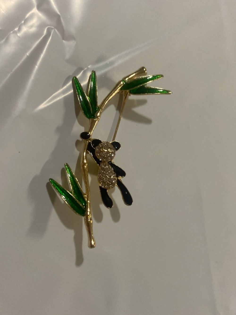 Gold-tone Panda and Green Bamboo Enamel Brooch